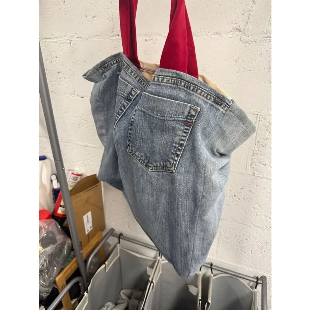 Gucci Upcycled Canvas Tote Red Straps Green Tennis Graphic - Denim Pockets